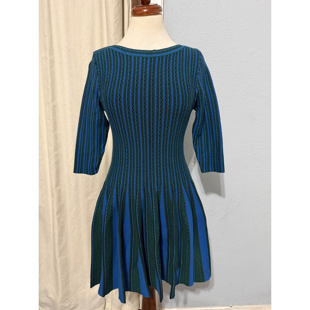Silk Blend Old Money Dress M Blue Green Striped Knit Fit Flare Cotton 3/4 Sleeve